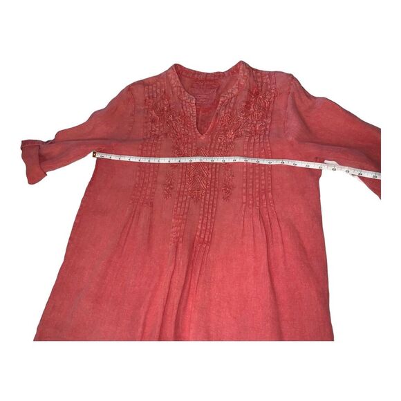 Karyn Seo Eva V-Neck 3/4 Sleeve Embroidered Coral Linen Shift Dress SZ MED. - Picture 7 of 13